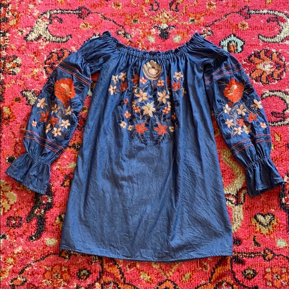 Goodnight Macaroon chambray denim embroidered off the shoulder mini dress
